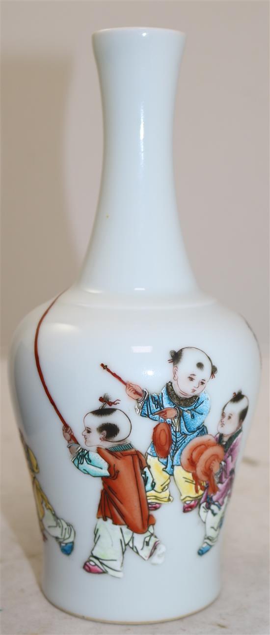 A Chinese famille rose boys bottle vase, late 20th century, 21.5cm